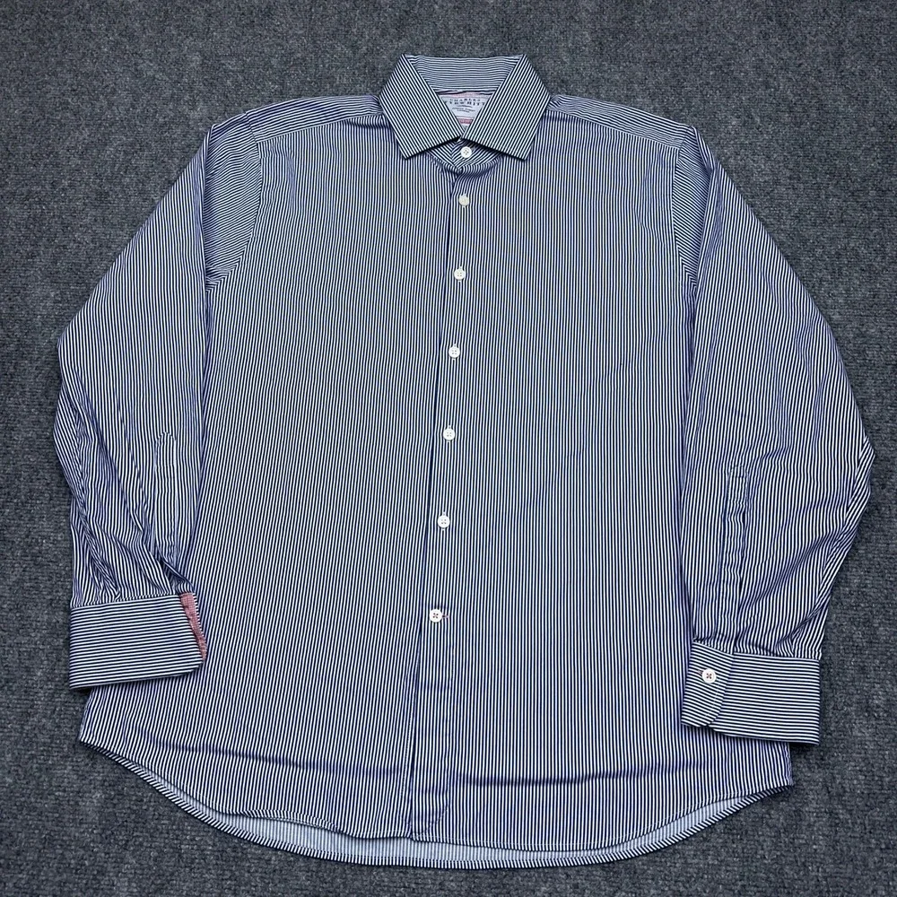 Charles Tyrwhitt Button Down Mens 17/35 Blue Striped Slim Fit Dress Shirt Preppy